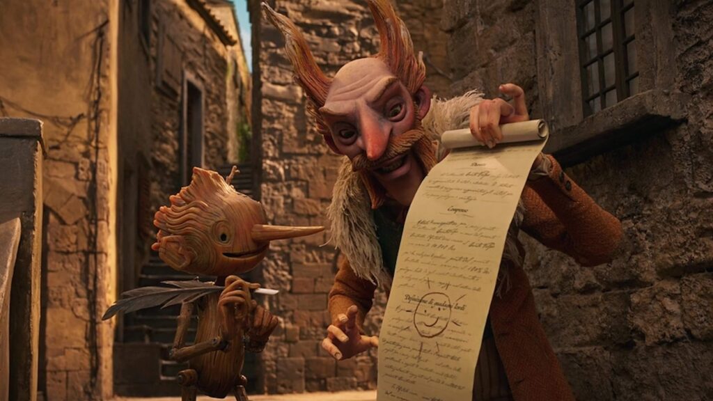 Pinocchio signing a contract in 'Guillermo Del Toro's Pinocchio' (2022)
