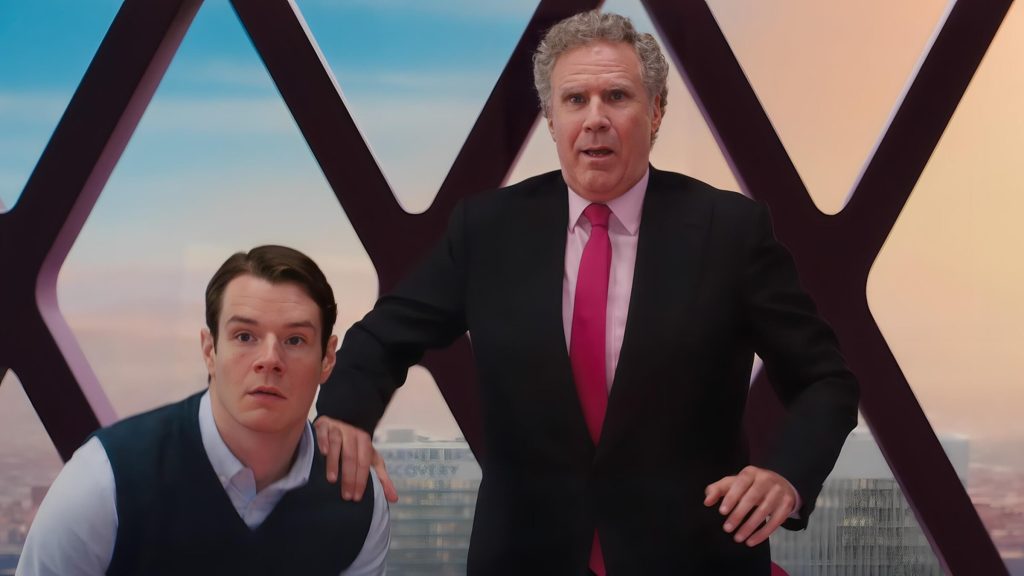 Matel CEO (Will Ferrell) and Aaron Dinkins (Connor Swindells) in shock as they look at Barbie in 'Barbie,' 200 Types of Villains, Antagonists, and Bad Guys