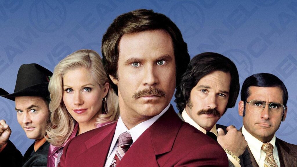 The cast of 'Anchorman: The Legend of Ron Burgundy' standing in front of a blue background, 10 Character Archetypes in Comedies