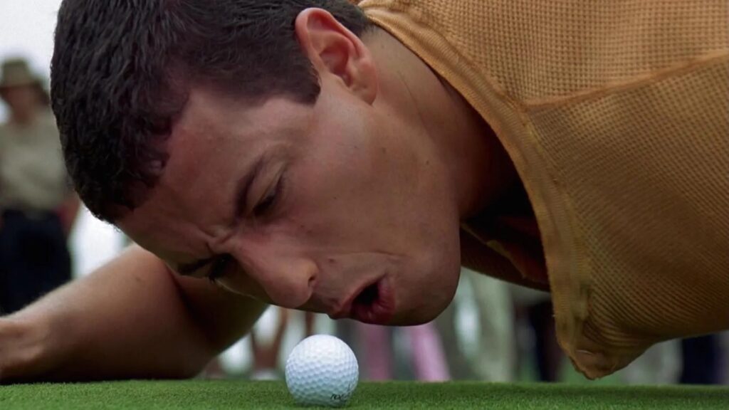 Happy Gilmore (Adam Sandler) yelling at a golf ball in 'Happy Gilmore'