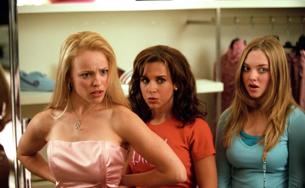 Regina George (Rachel McAdams) trying on a pink dress with her minions in 'Mean Girls,' 10 Villain Archetypes Found in Movies and TV