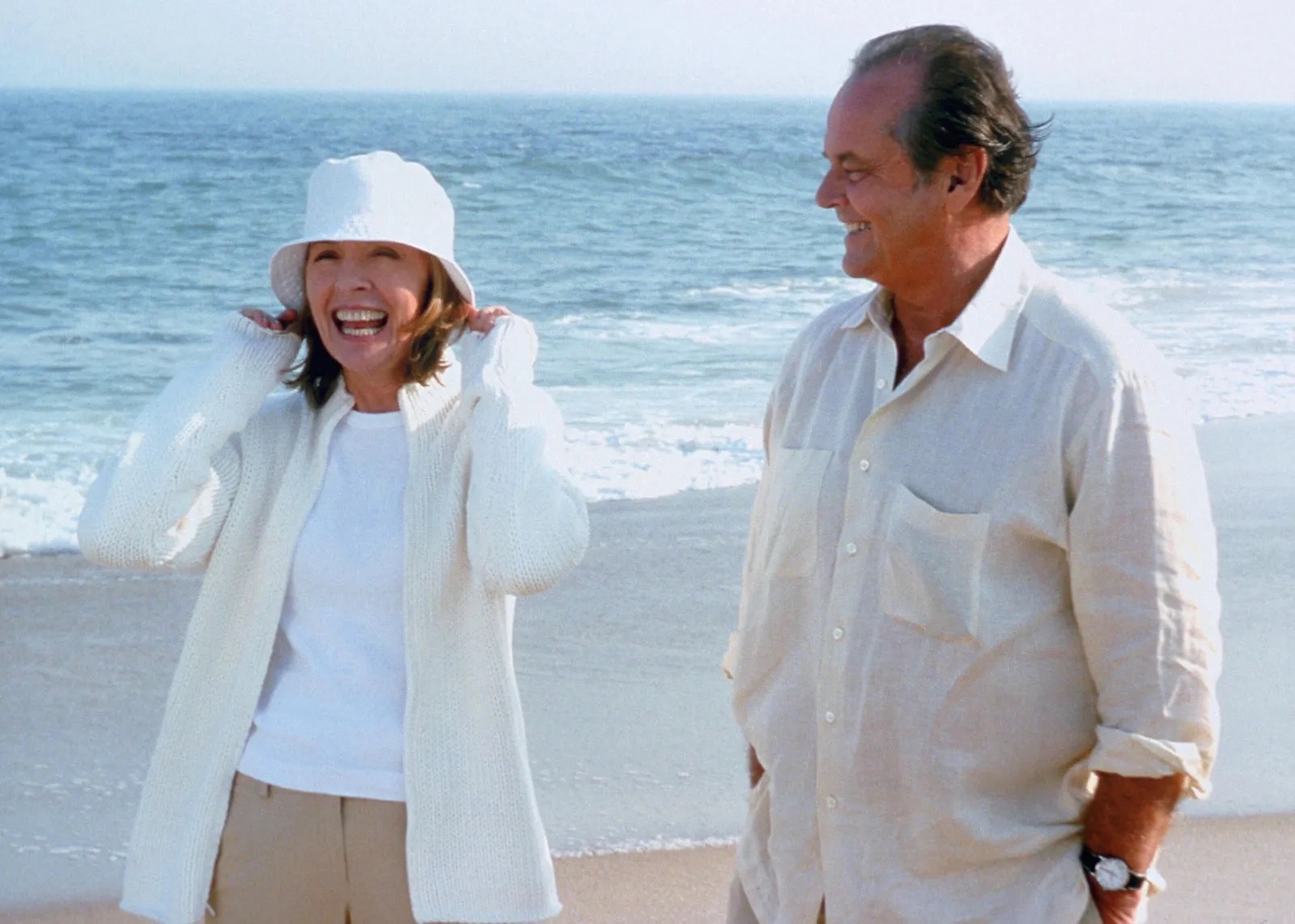 Erica (Diane Keaton) and Harry (Jack Nicholson) walking on the beach in 'Something's Gotta Give,' 6 Trademarks of Nancy Meyers Movies