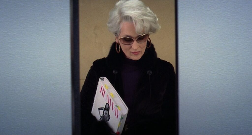 Miranda Priestly (Meryl Streep) standing in an elevator in 'The Devil Wears Prada'