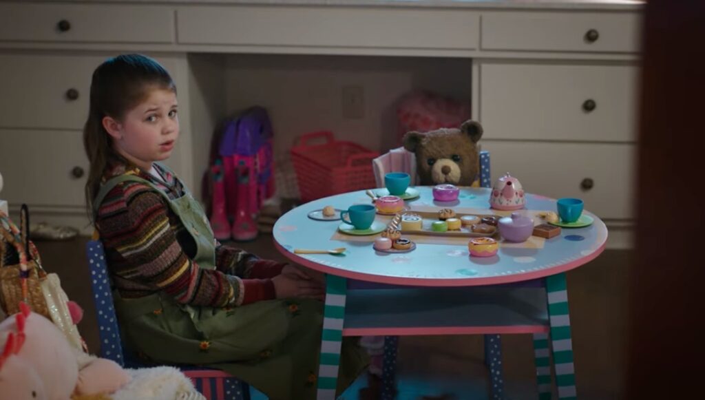 Chauncey Bear and Alice (Pyper Braun) having a play tea party in 'Imaginary'