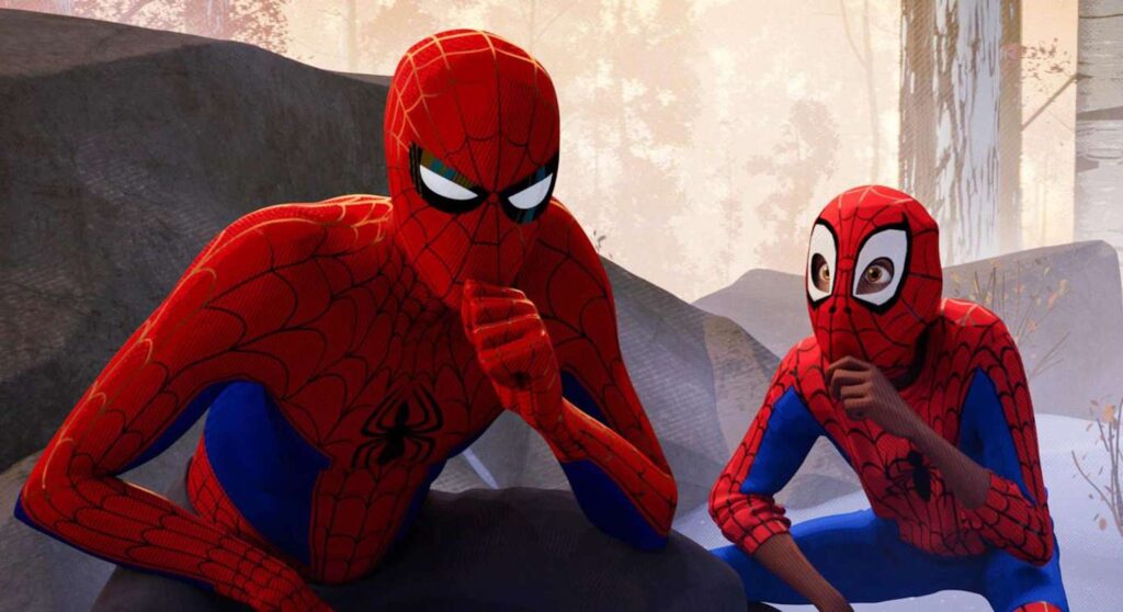 Miles Morales and Peter Parker in their spider suits thinking about a plan in 'Spider-Man: Into the Spider-Verse'