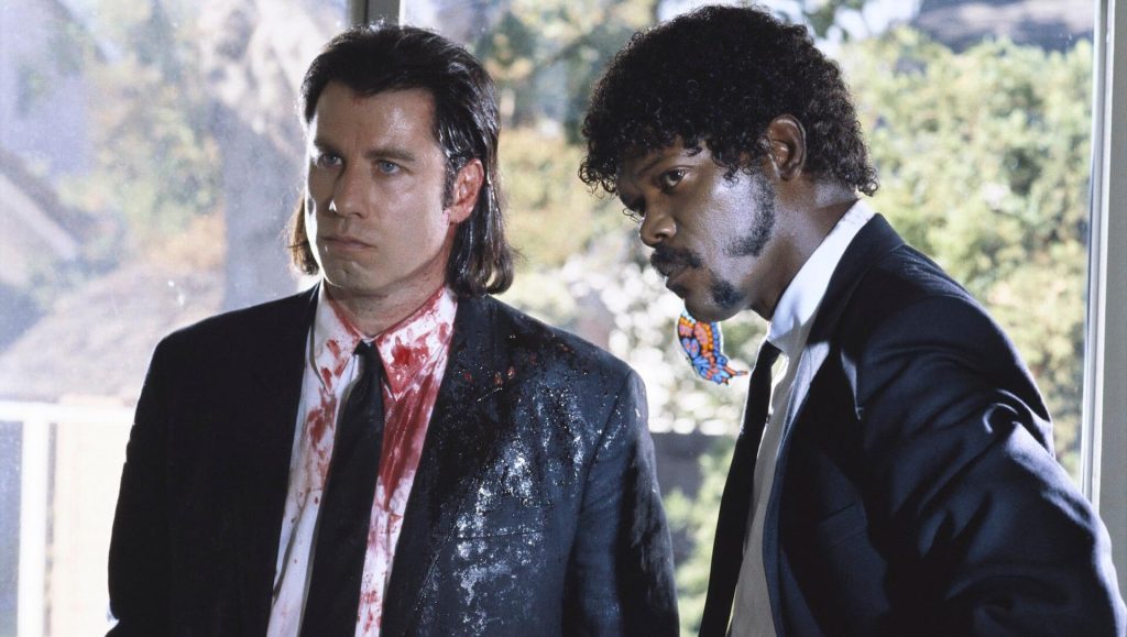 Vincent (John Travolta) and Jules (Samuel L. Jackson) covered in blood in 'Pulp Fiction' 