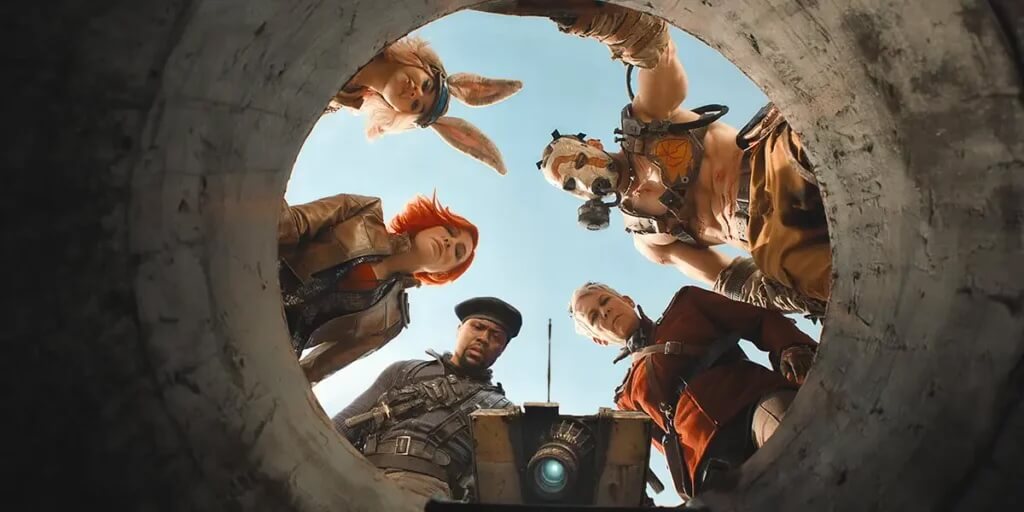 The main ensemble cast of 'Borderlands' looking down an open hole