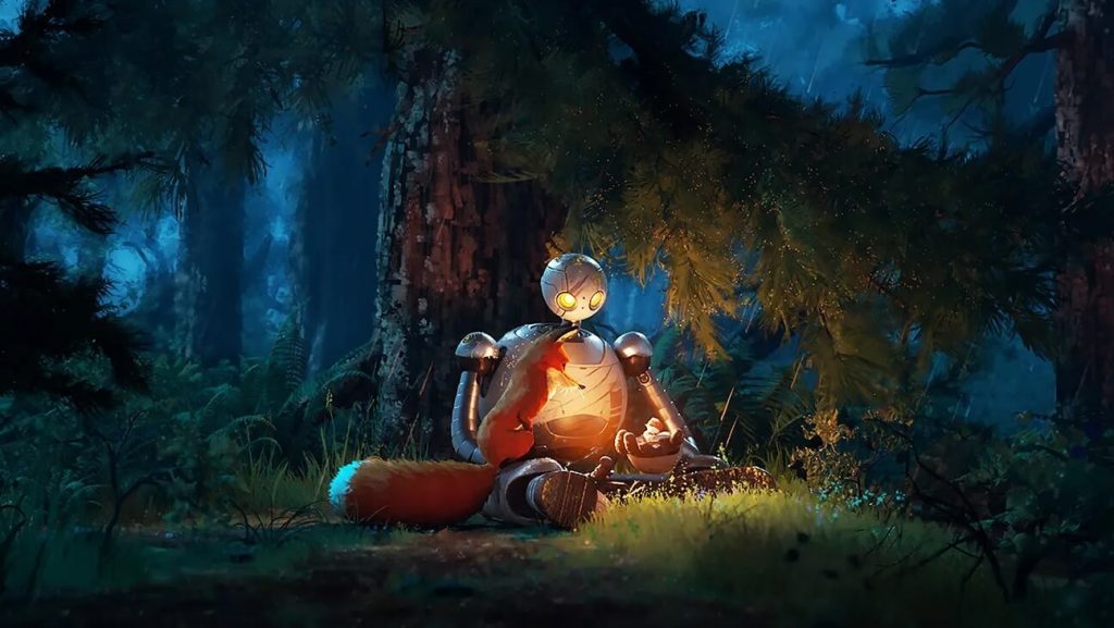 ROZ, the fox, and a baby duck sitting under a tree at night in 'The Wild Robot.'