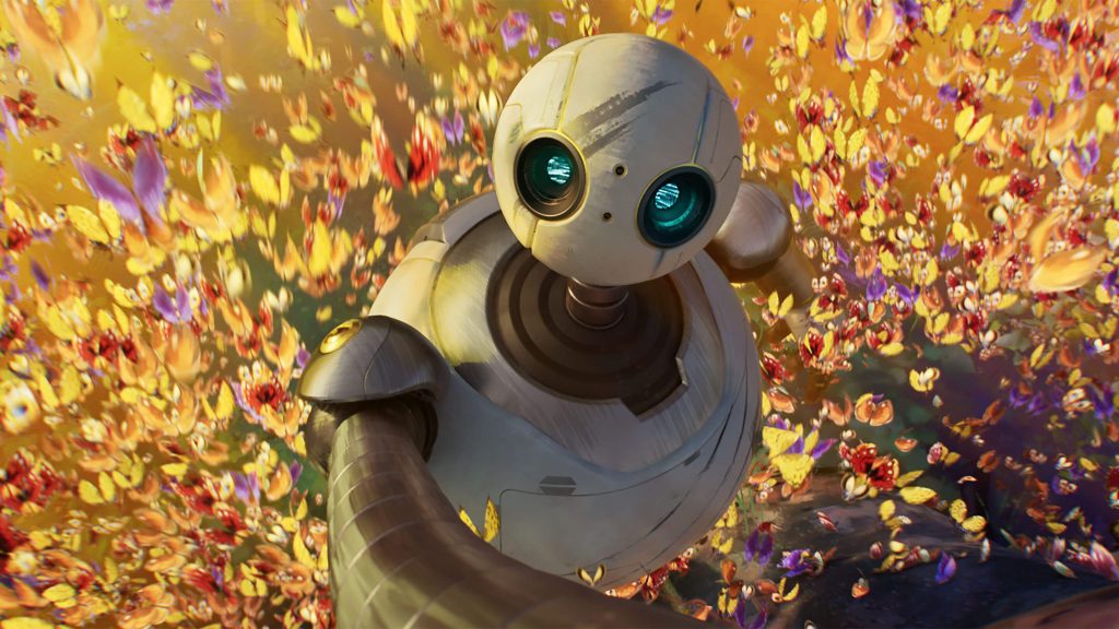 ROZ the robot surrounded by golden leaves.