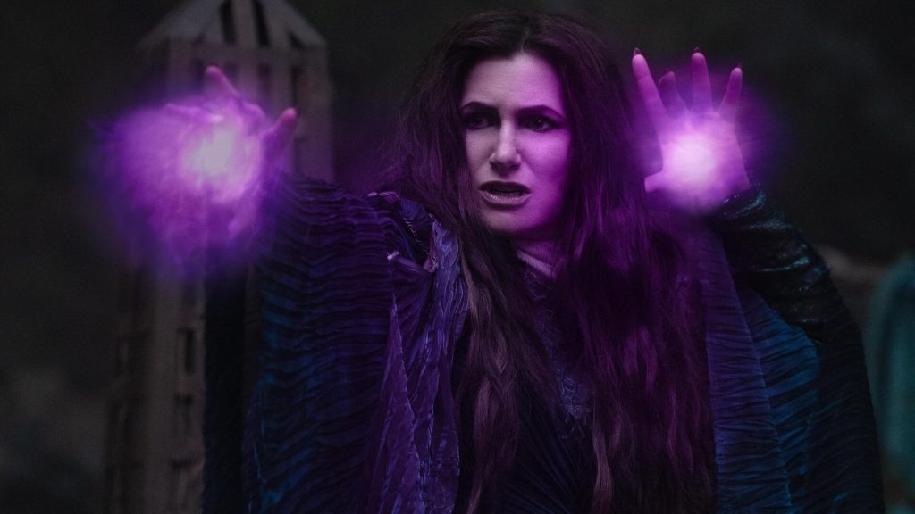 Agatha Harkness (Kathryn Hahn) casting a spell with her purple powers