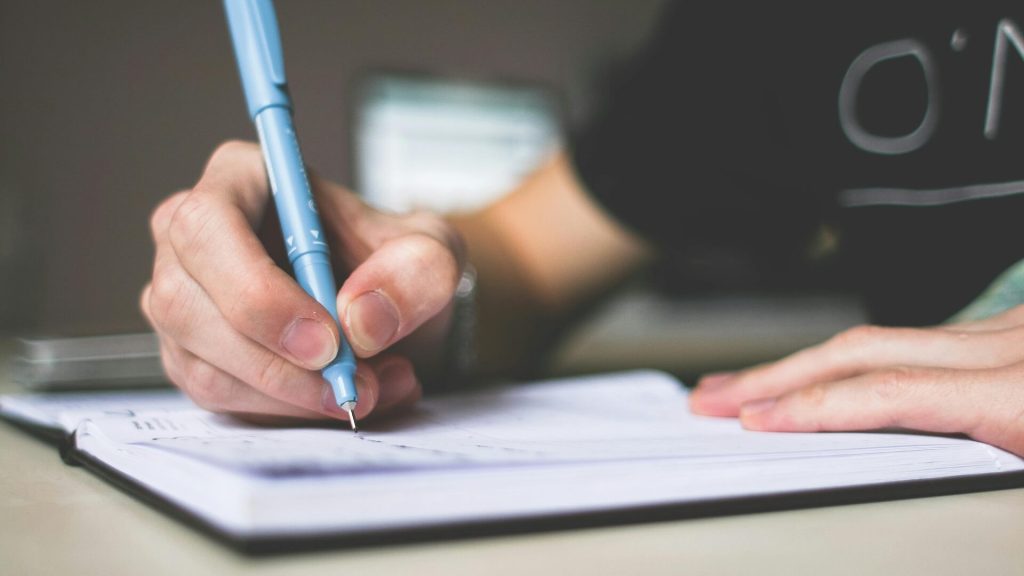 Person Holding Blue Ballpoint Pen Writing in Notebook