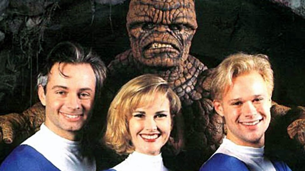 (L to R) Reed Richards (Alex Hyde-White), Sue Storm (Rebecca Staab), Johnny Storm (Jay Underwood), and the Thing (Michael Bailey Smith)