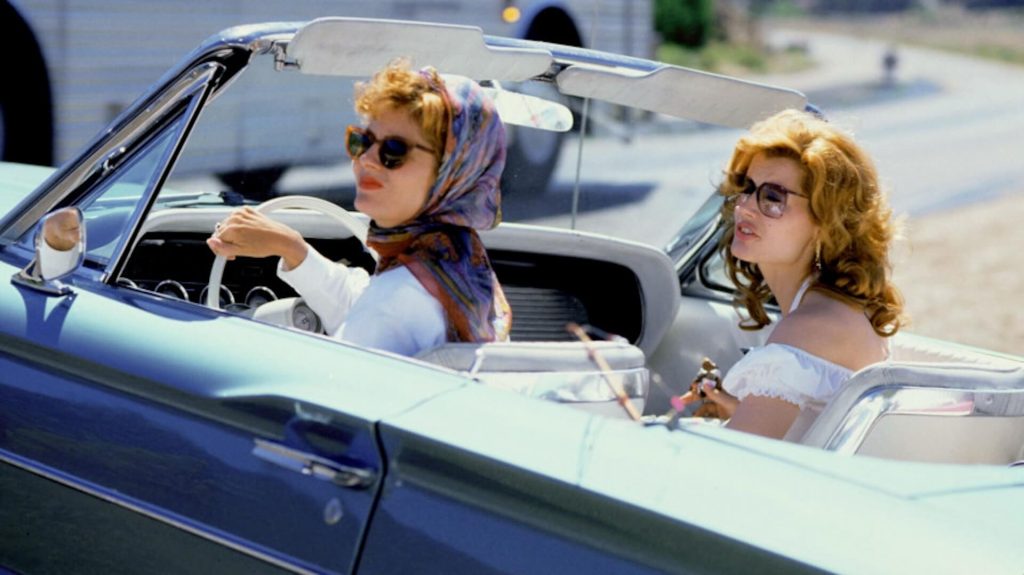 Louise Sawyer (Susan Sarandon) and Thelma Dickinson (Geena Davis) in a blue convertible in 'Thelma and Louise'