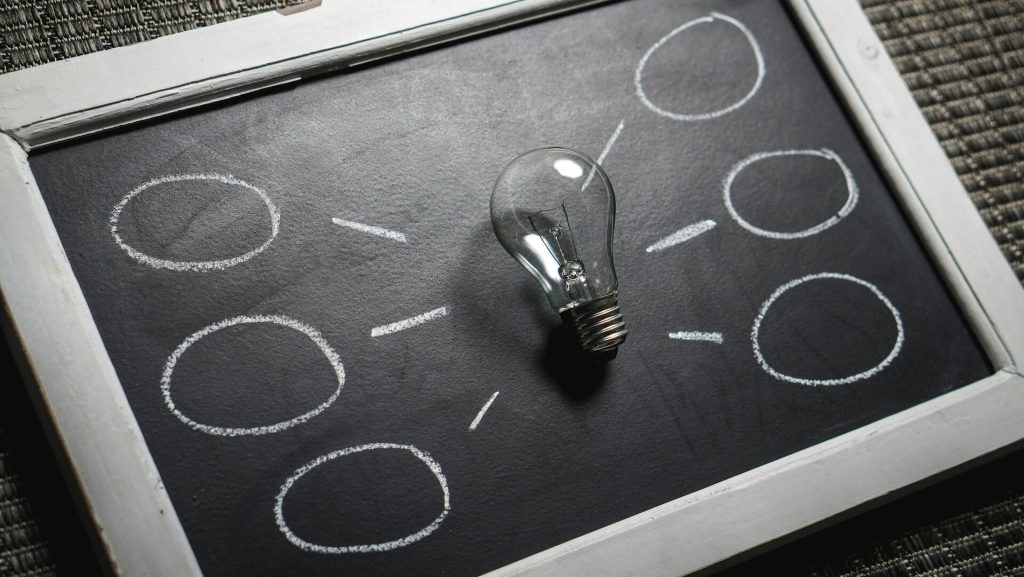 A lightbulb against a black chalkboard with thought bubbles